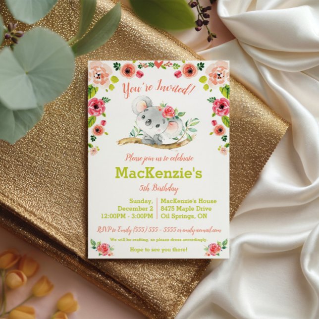 Convites Festa de Aniversário de Koala e Floral (Criador carregado)