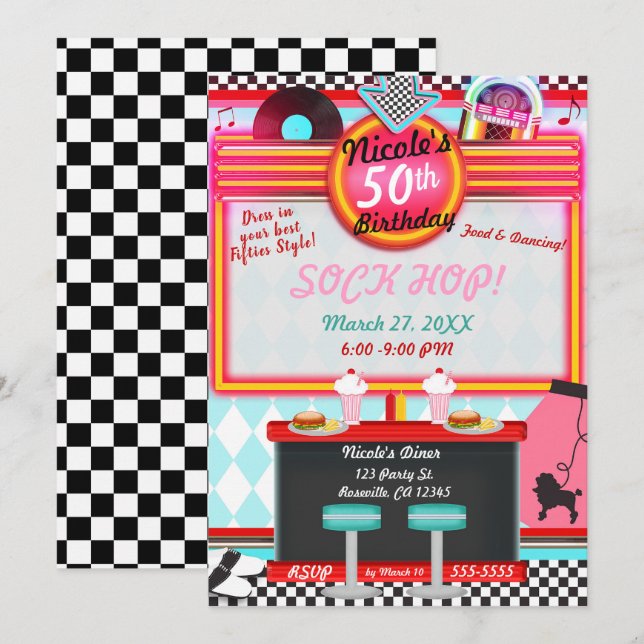 Convites Festa de Aniversário de Lanchonete Vintage dos Ano (Frente/Verso)