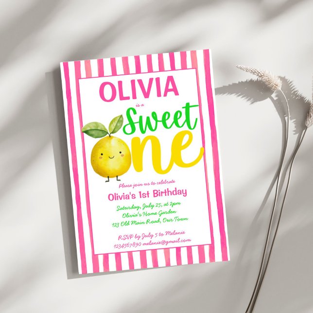 Convites Festa de aniversário de limonada rosa doce (Sweet one pink lemonade cute summer girls birthday party invitation template instant download)