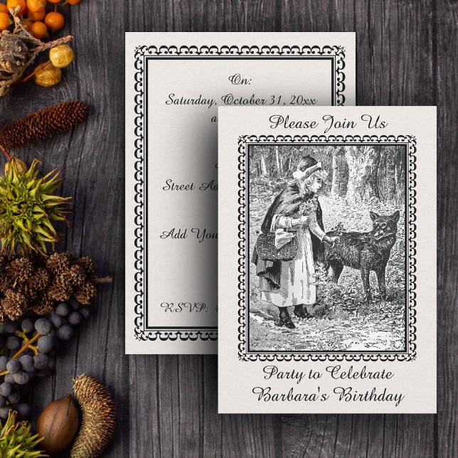 Convites Festa de aniversário De Lobo De Capim Vermelho Vin (Black white Vintage Little Red Riding Hood with wolf in woods on birthday party invitations.)