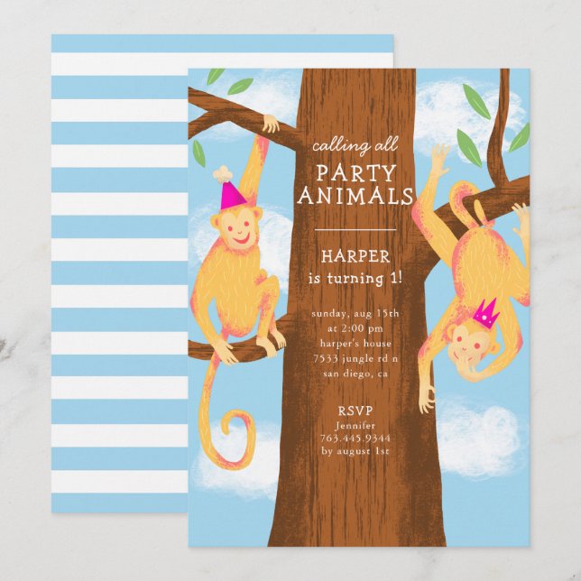 Convites Festa de aniversário de macacos da selva divertida (Frente/Verso)