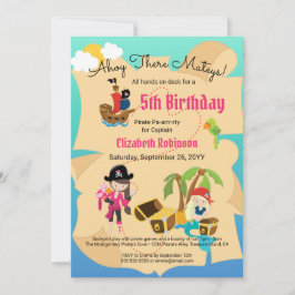 Convites Festa de aniversário de Map Pink Pirata do Tesouro