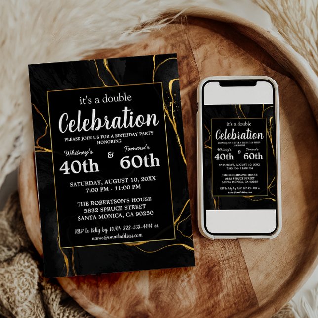 Convites Festa de aniversário de mármore Dourada e preto el (Criador carregado)