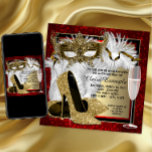 Convites Festa de aniversário de Mascarada vermelha e Doura<br><div class="desc">Convite de festas elegante de aniversário vermelho e ouro da mulher com belos calçados de salto alto, brilho de ouro, mascarada de ouro ornamentado e vidro de champanhe em um fundo vermelho, preto e ouro bonito. Este convite de festas vermelho, preto e ouro é facilmente personalizado para o seu partido...</div>