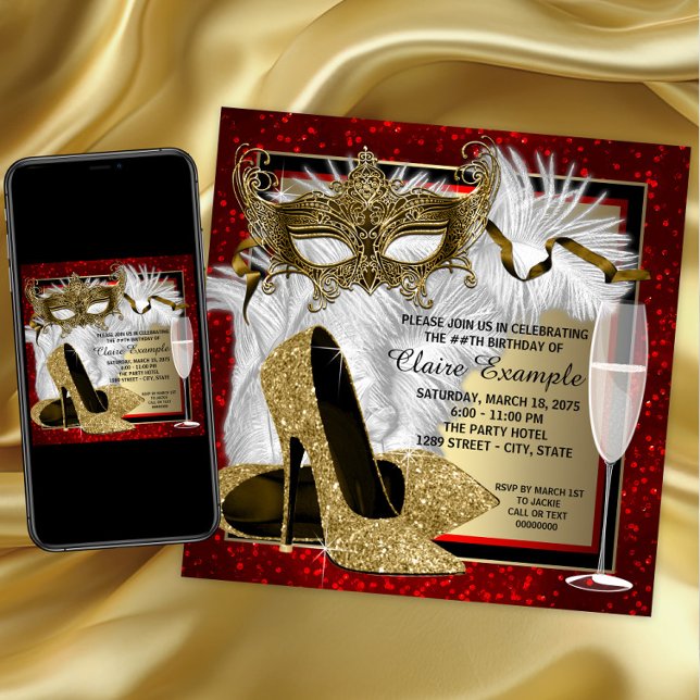 Convites Festa de aniversário de Mascarada vermelha e Doura (Womans red gold masquerade party invitation with mask and high heel shoes. Download and printed.)