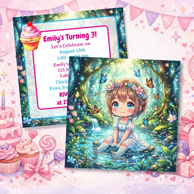 Convites Festa de Aniversário de Menina Chibi Fofo na Flore (Criador carregado)