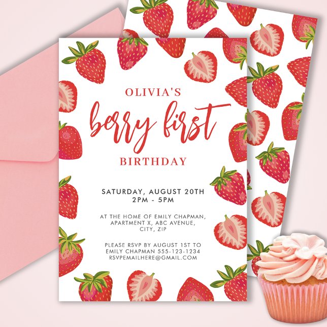 Convites Festa de aniversário de menina com morango Berry F (Cute girls Berry First strawberry birthday party invitation.  Customize with your own event details.)