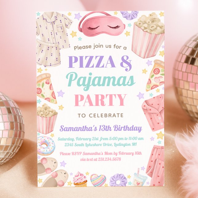 Convites Festa de Aniversário de Menina com Pizza e Pijamas (Cute Pizza & Pajamas Slumber Party Girl Birthday Invitation)