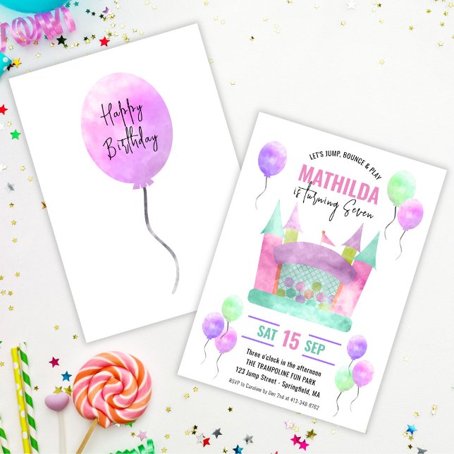 Convites Festa de aniversário de Menina de Trampoline de Sa (Bounce House Jump Trampoline Girl Birthday Party Invitation)
