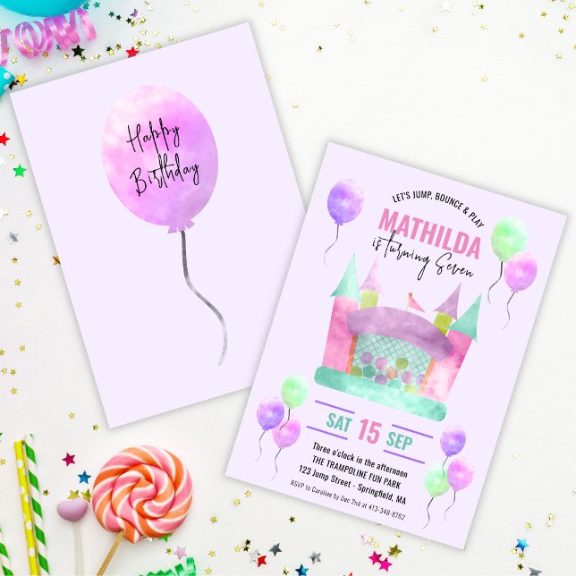 Convites Festa de aniversário de Menina de Trampoline de Sa (Bounce House Jump Trampoline Girl Birthday Party Invitation)