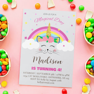 Convites Festa de Aniversário de Menina Dia Mágico Gato Uni