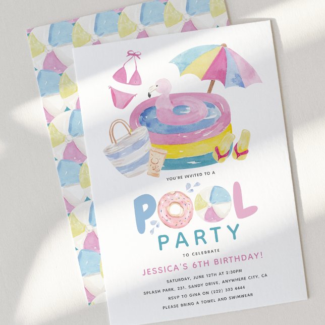 Convites Festa de Aniversário de Menina na Piscina Fofa (Cute Girly Pool Party Birthday Invitation)