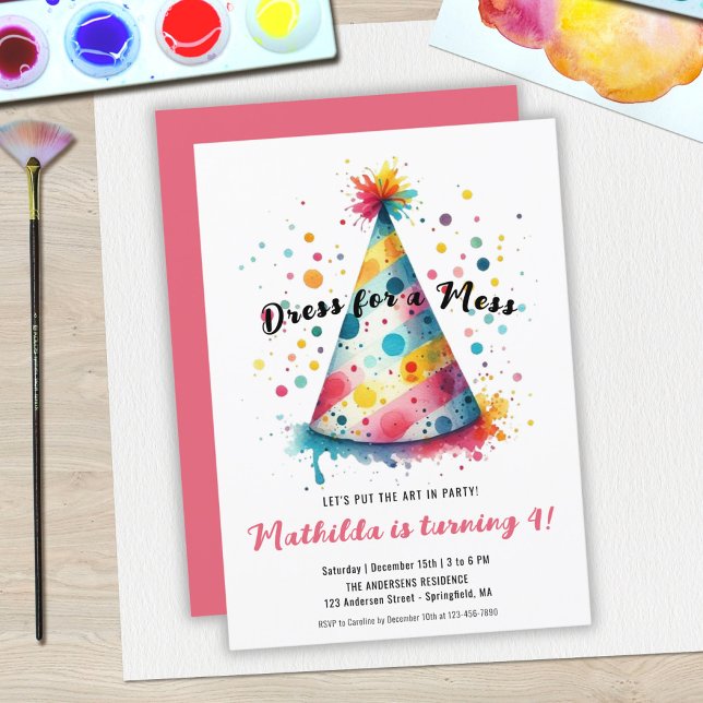 Convites Festa de Aniversário de Menina Pintura Arte Infant (Dress Mess Kids Art Painting Party Girl Birthday Invitation)