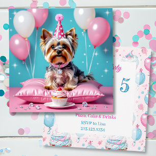 Convites Festa de Aniversário de Menina Yorkie Rosa Fofa