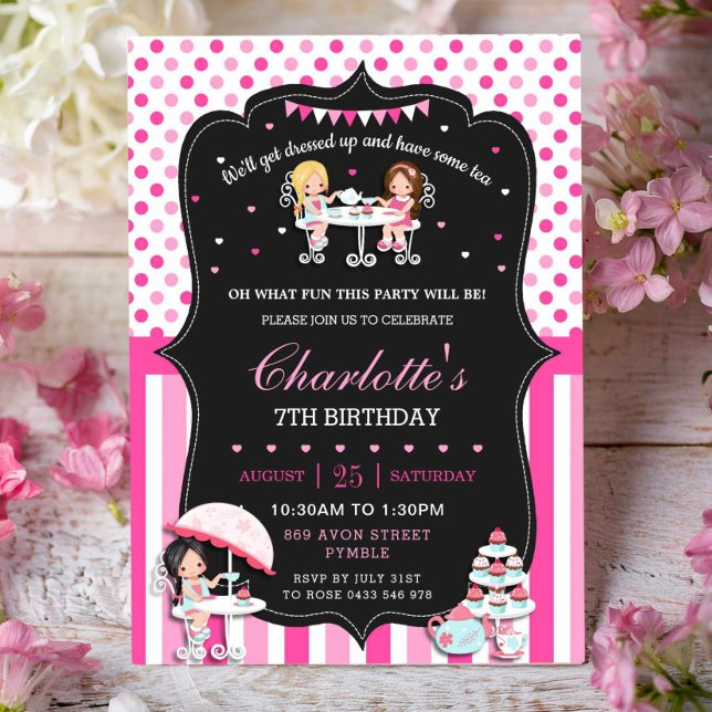 Convites Festa de Aniversário de Meninas Chá Rosa Quente Bo (Criador carregado)