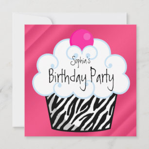 Convites Festa de Aniversário de Meninas Cupcake Zebra Rosa