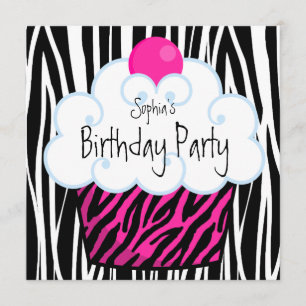 Convites Festa de Aniversário de Meninas Cupcake Zebra Rosa