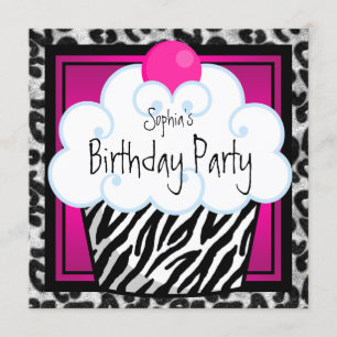 Convites Festa de Aniversário de Meninas Cupcake Zebra Rosa