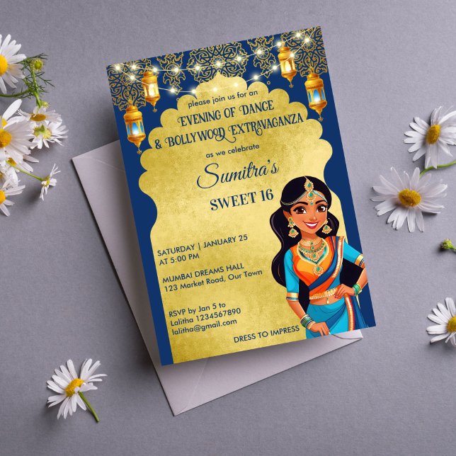 Convites Festa de aniversario de meninas de Bollywood (Indian style Bollywood girls birthday party template invitation digital download blue and gold)