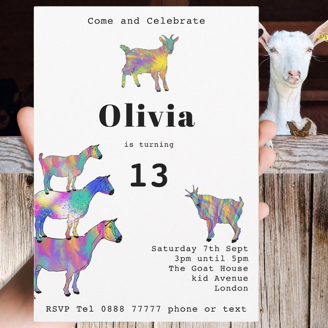 Convites Festa de aniversario de meninas de Caprinos Gelado (Goat themed farm animal 13th birthday party invitation with fun colorful watercolor animal art)