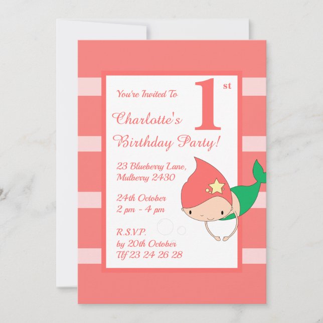 Convites festa de aniversario de meninas de Pêssego Sereia (Frente)