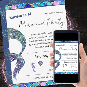 Convites Festa de aniversario de meninas de Sereia Glitter 