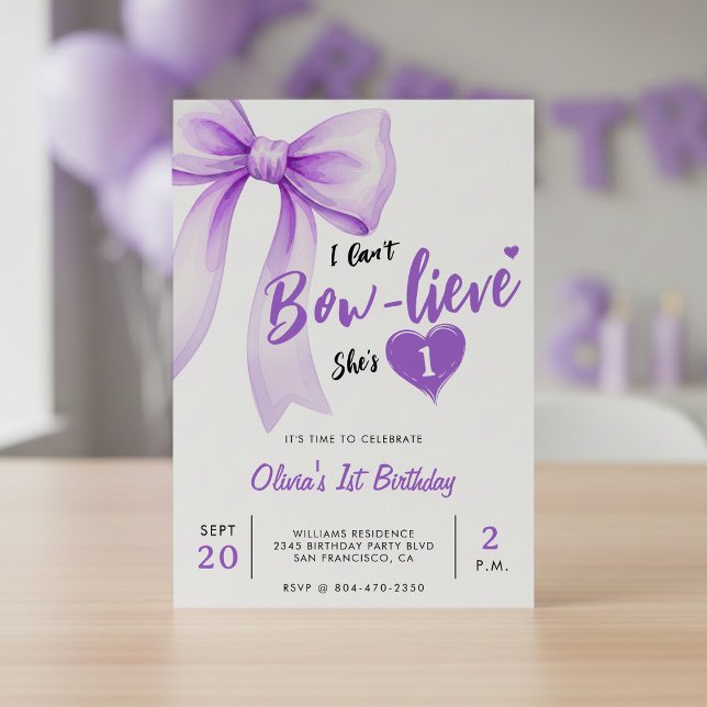 Convites Festa de Aniversário de Meninas Fofas com Laço Rox (Purple Bow Cute Girls Birthday Party Invitation
)