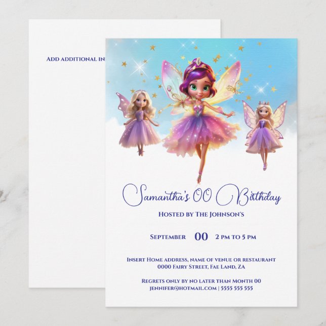Convites Festa de aniversário de meninas princesa fada (Frente/Verso)