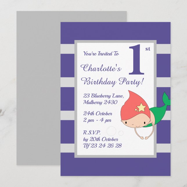 Convites festa de aniversario de meninas Roxo da Sereia (Frente/Verso)