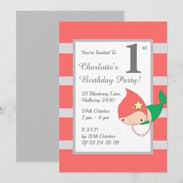 Convites festa de aniversario de meninas Sereia de Laranja (Frente/Verso)