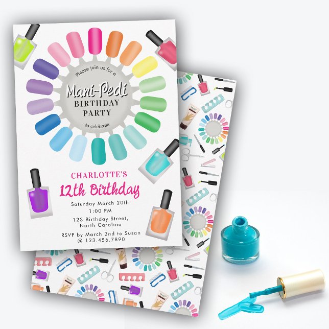 Convites Festa de Aniversário de Meninas Unhas Manicure Ped (Nails Manicure Pedicure Mani Pedi Girls Birthday Invitation)