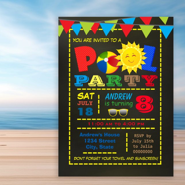 Convites Festa de Aniversário de Menino na Piscina (Any number birthday pool party invitation. Simply add your event details.)