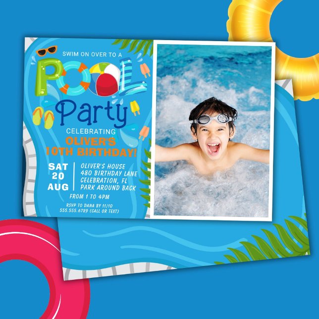 Convites Festa de Aniversário de Menino no Verão com Piscin (Criador carregado)