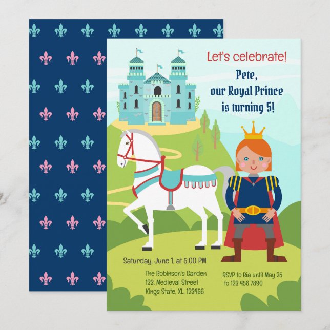 Convites Festa de Aniversário de Menino Príncipe Real (Frente/Verso)