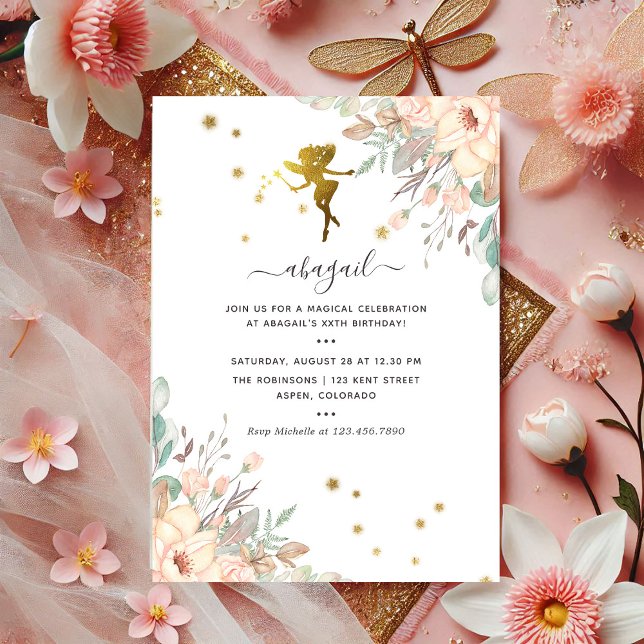 Convites Festa de aniversário de moças, com tema Fada, rosa (Pink and Gold Fairy themed Girl Birthday Party Invitation)