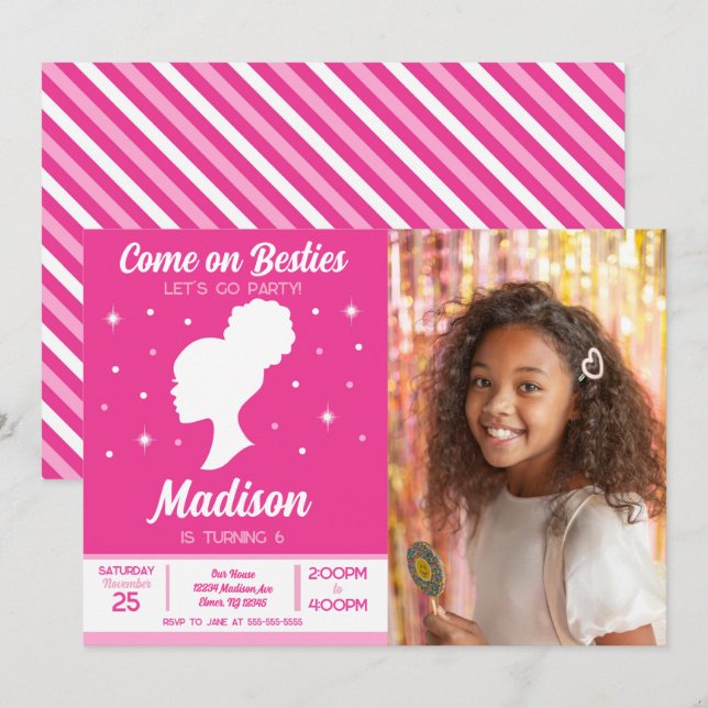 Convites Festa de Aniversário de Moda das Bonecas Cor-de-Ro (Frente/Verso)