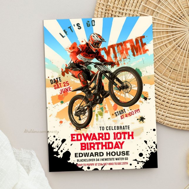 Convites Festa de Aniversário de Moto de Terra Retrô - Vamo (Retro Dirt Bike Birthday Party- Vintage Let's Ride Invitation
)