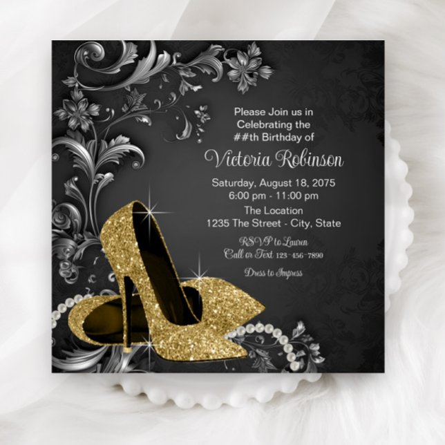 Convites Festa de Aniversário de Mulheres Douradas Negras (Black gold high heels and pearls any number birthday and event invitation. Simply add your details.)
