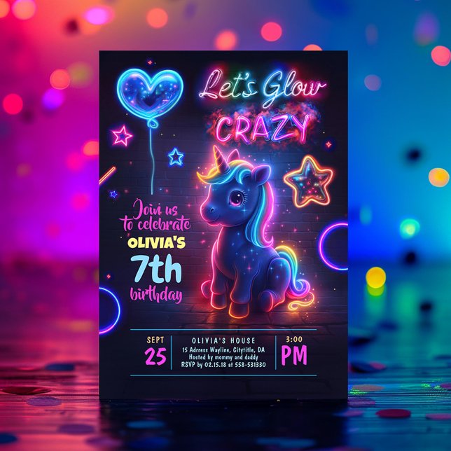 Convites Festa de aniversário de Neon Maluco de Vamos Unicó (Let's Glow Crazy Unicorn Birthday Invitation)