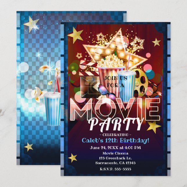 Convites Festa de Aniversário de Noite de Cinema (Frente/Verso)