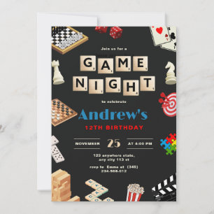 Convites Festa de Aniversário de Noite de Jogos Diversão Jo