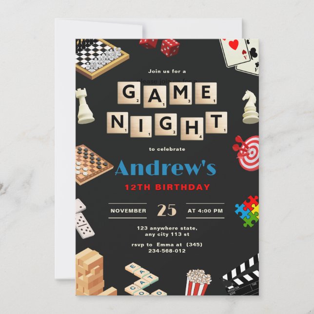 Convites Festa de Aniversário de Noite de Jogos Diversão Jo (Frente)