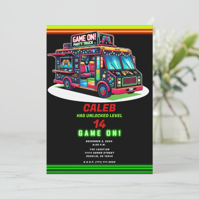 Convites Festa de aniversário de ônibus para jogos das luze (Em pé/Frente)