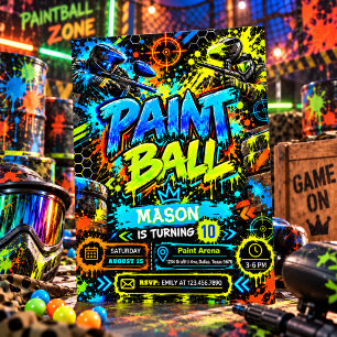 Convites Festa de Aniversário de Paintball Neon Graffiti