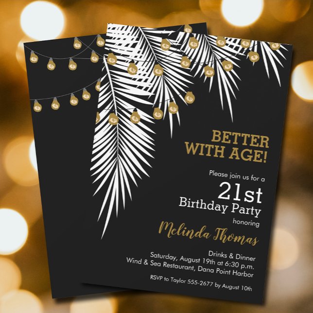 Convites Festa de aniversário de Palmas Douradas e Pretas (White Palms and string lights on black 21st birthday  invitations, PRINTED and/or INSTANT DOWNLOAD)