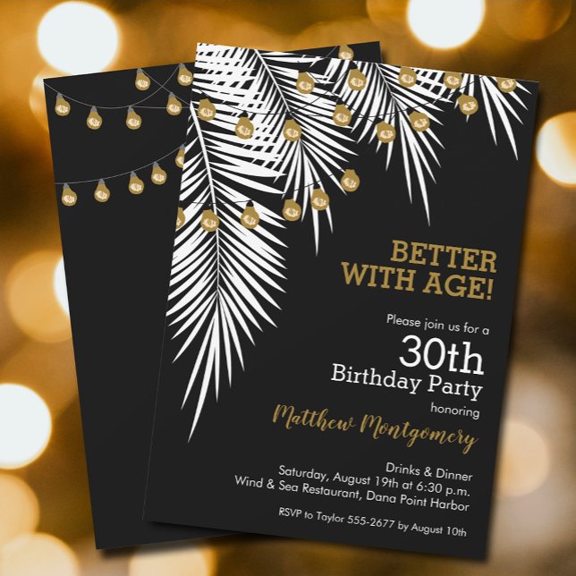 Convites Festa de aniversário de Palmas Douradas e Pretas (White Palms and string lights on black birthday party invitations, PRINTED and/or INSTANT DOWNLOAD)