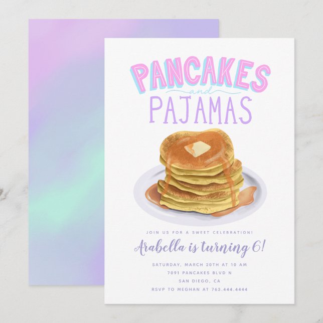 Convites Festa de aniversário de Panquecas e Pijamas (Frente/Verso)