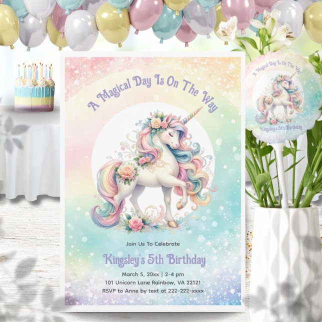Convites Festa de aniversário de Pastel Radiante do Arco-Ír (Pastel Radiant Rainbow Unicorn Birthday Party Invitation)