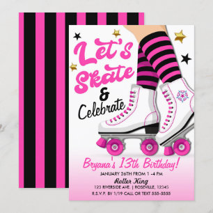 Convites Festa de Aniversário de Patinação de Patins Rosa e