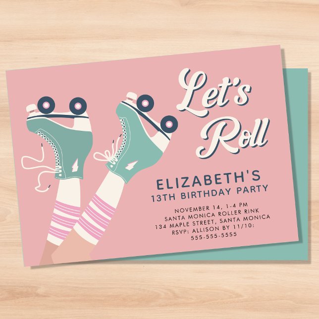 Convites Festa de aniversário de patinação do cilindro (A roller skating birthday party invitation with a cool retro vibe)